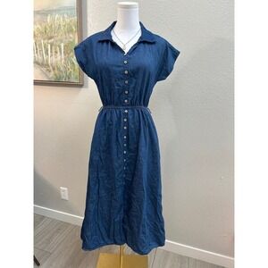 Joie De Vivre Blue Denim Button Front Midi Shirt Dress Elastic Waist Size S